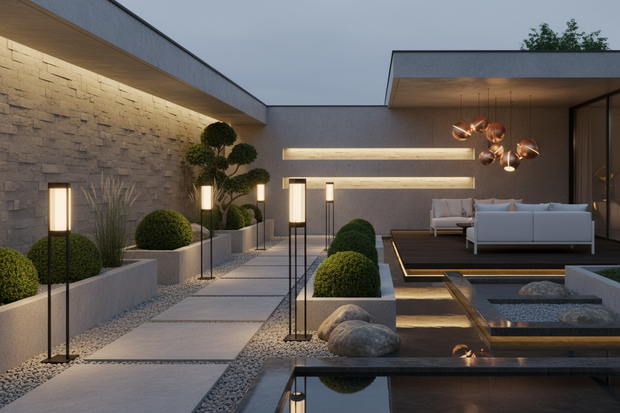 Een design tuin met sfeervolle verlichting, staand, wand en hangend. zonder te veel bloemen en planten.